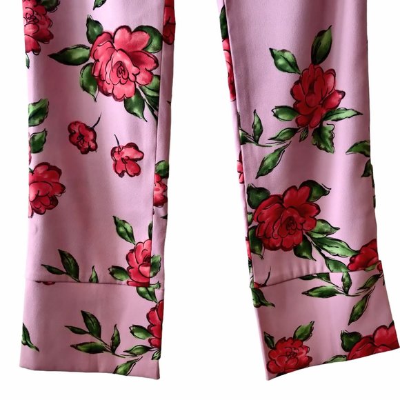 Jesus Diamante Womens Pink Allover Red Roses Back Slit Cuff Straight Pants XS - Picture 4 of 11
